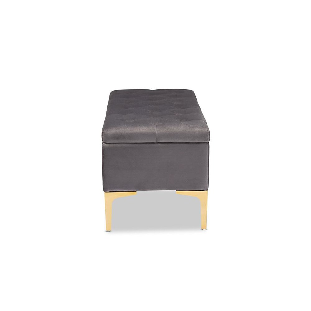 Luxe Grey Velvet Fabric Upholstered Gold Finished Button Tufted Storage Ottoman