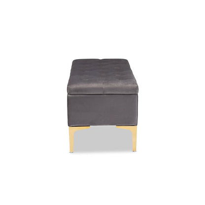 Luxe Grey Velvet Fabric Upholstered Gold Finished Button Tufted Storage Ottoman