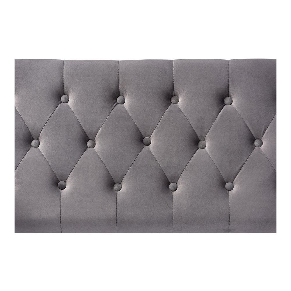 Luxe Grey Velvet Fabric Upholstered Gold Finished Button Tufted Storage Ottoman