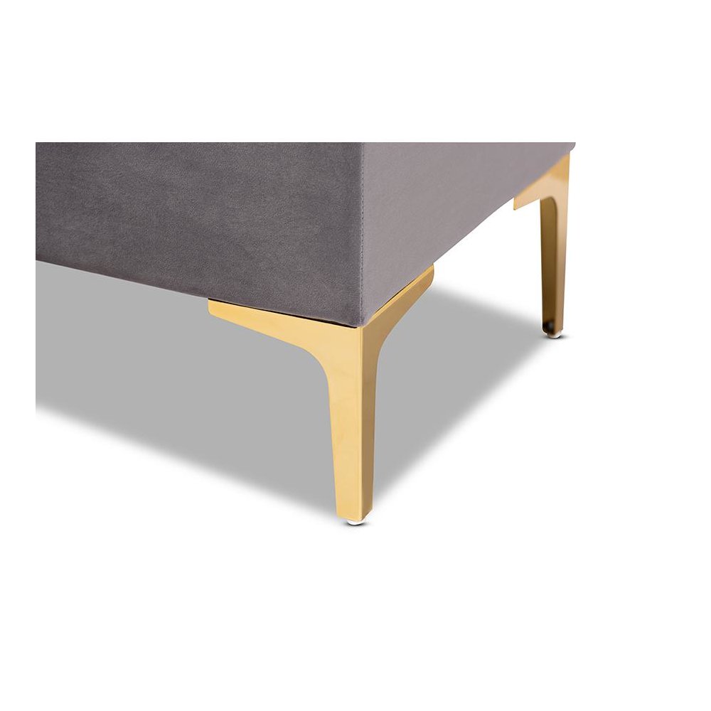 Luxe Grey Velvet Fabric Upholstered Gold Finished Button Tufted Storage Ottoman