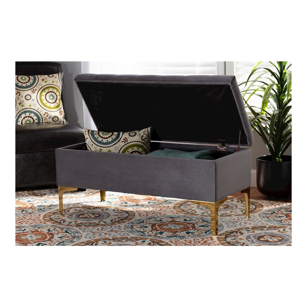 Luxe Grey Velvet Fabric Upholstered Gold Finished Button Tufted Storage Ottoman