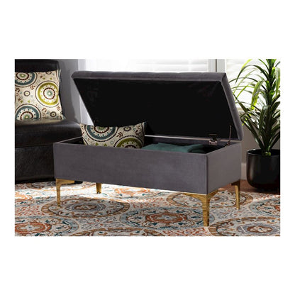 Luxe Grey Velvet Fabric Upholstered Gold Finished Button Tufted Storage Ottoman