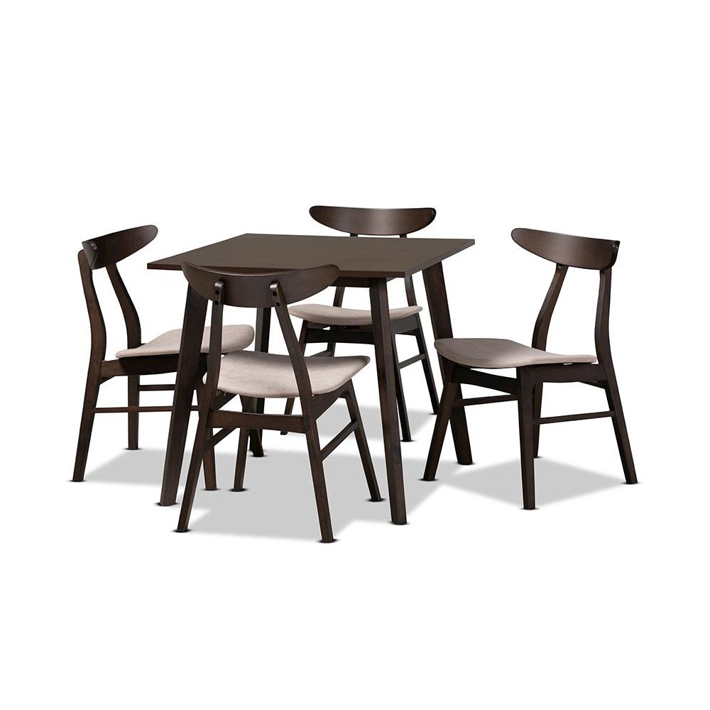 Beige Fabric Upholstered Dark Oak Brown Finished 5-Piece Wood Dining Set