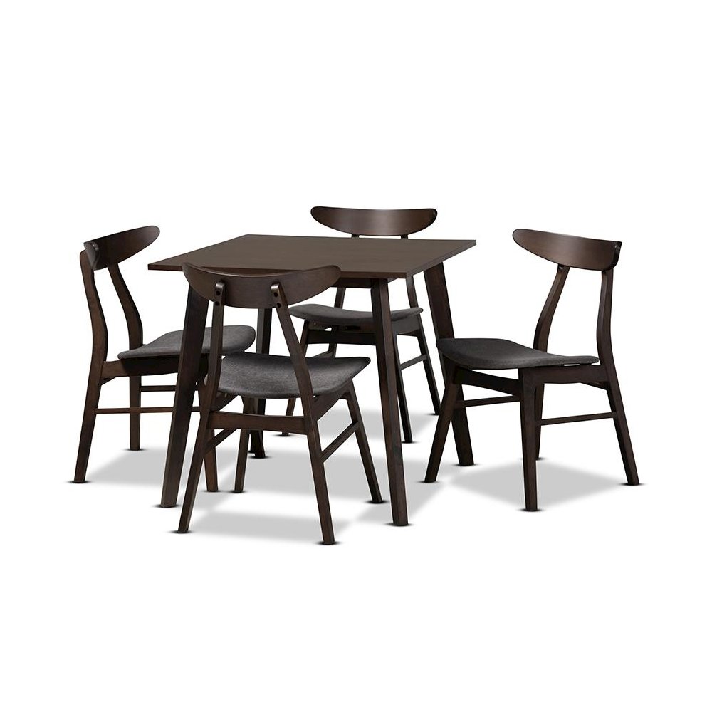 Dark Grey Fabric Upholstered Dark Oak Brown Finished 5-Piece Wood Dining Set
