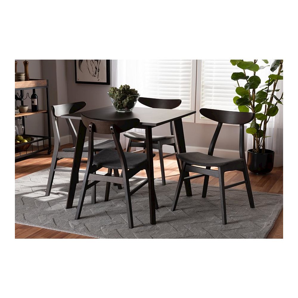 Dark Grey Fabric Upholstered Dark Oak Brown Finished 5-Piece Wood Dining Set