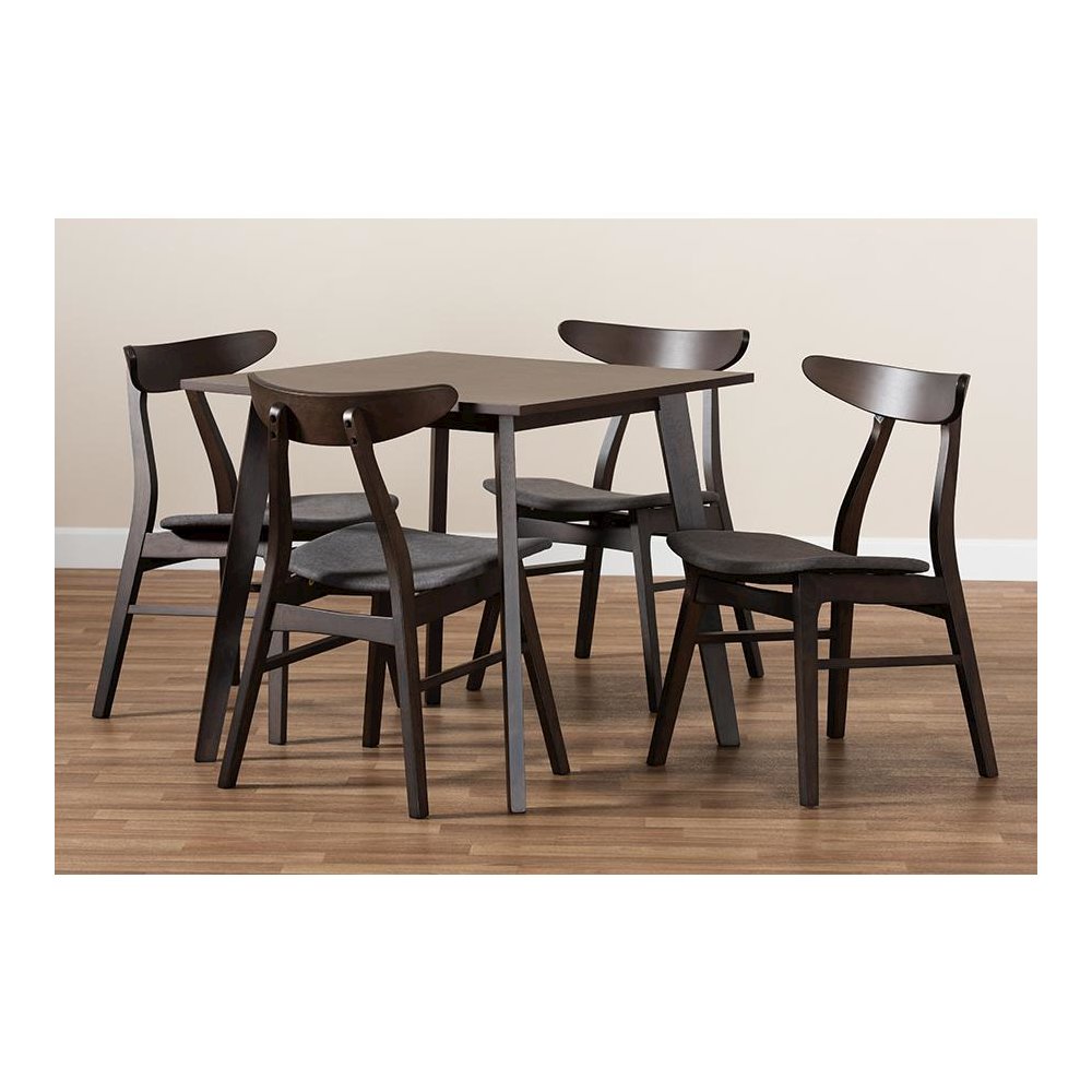 Dark Grey Fabric Upholstered Dark Oak Brown Finished 5-Piece Wood Dining Set
