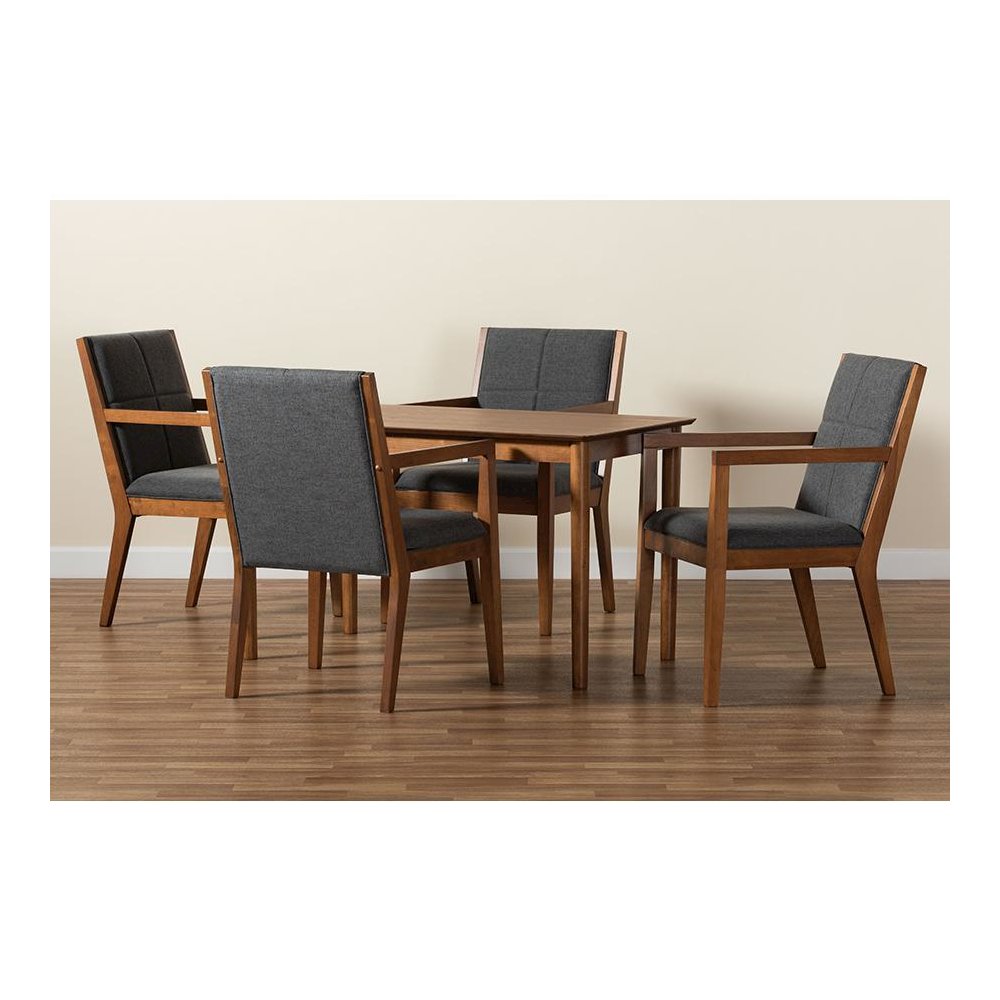Dark Grey Fabric Upholstered and Walnut Brown Finished Wood 5-Piece Dining Set
