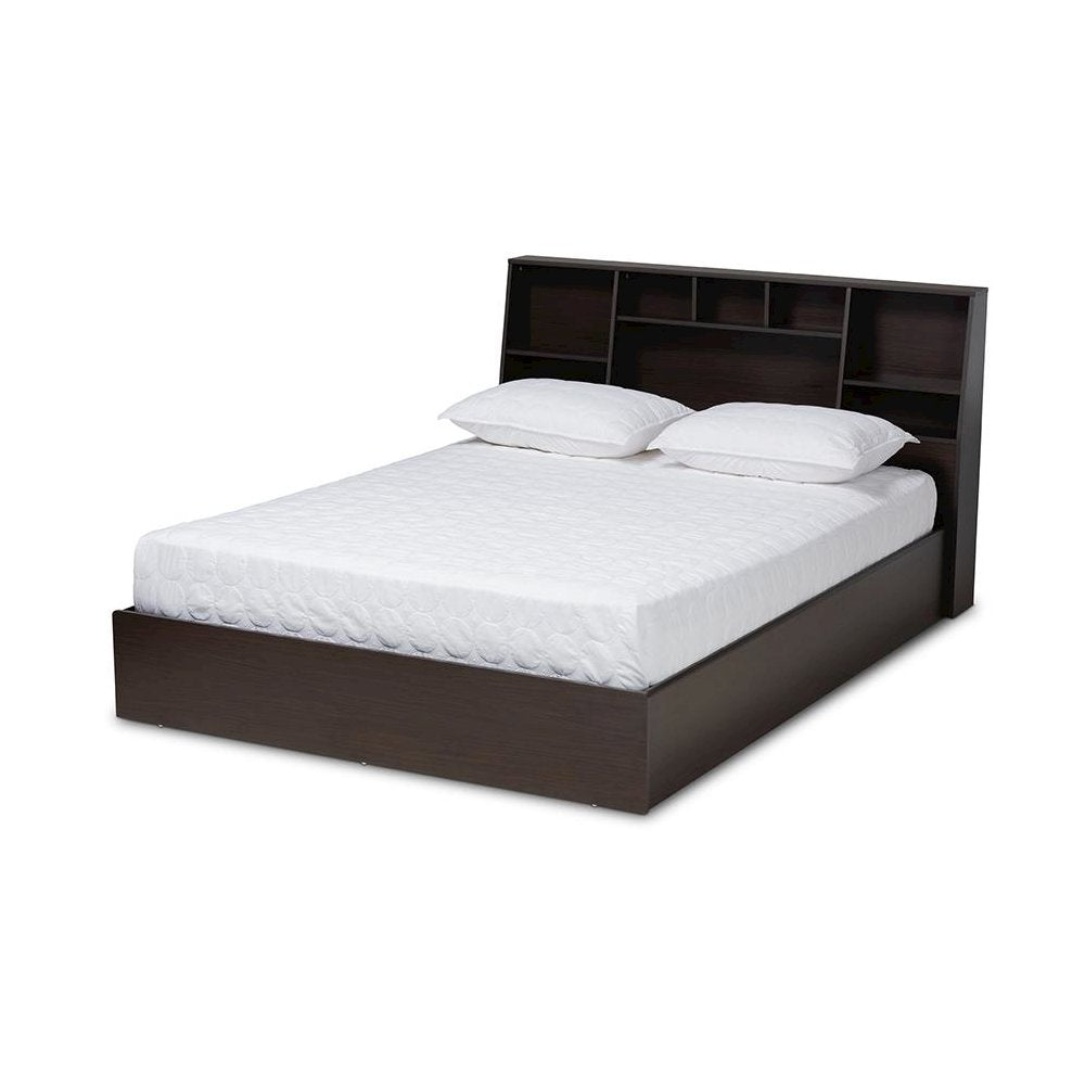 Dark Brown Finished Wood Queen Size Platform Storage Bed with Shelves