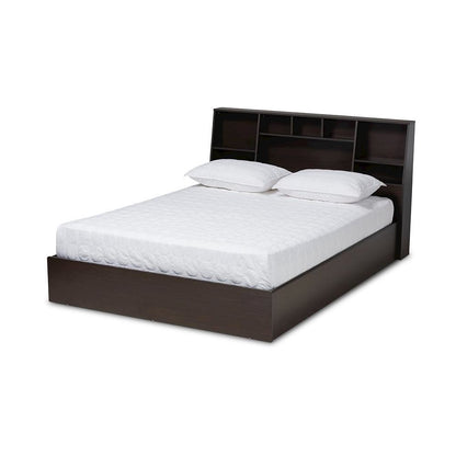 Dark Brown Finished Wood Queen Size Platform Storage Bed with Shelves