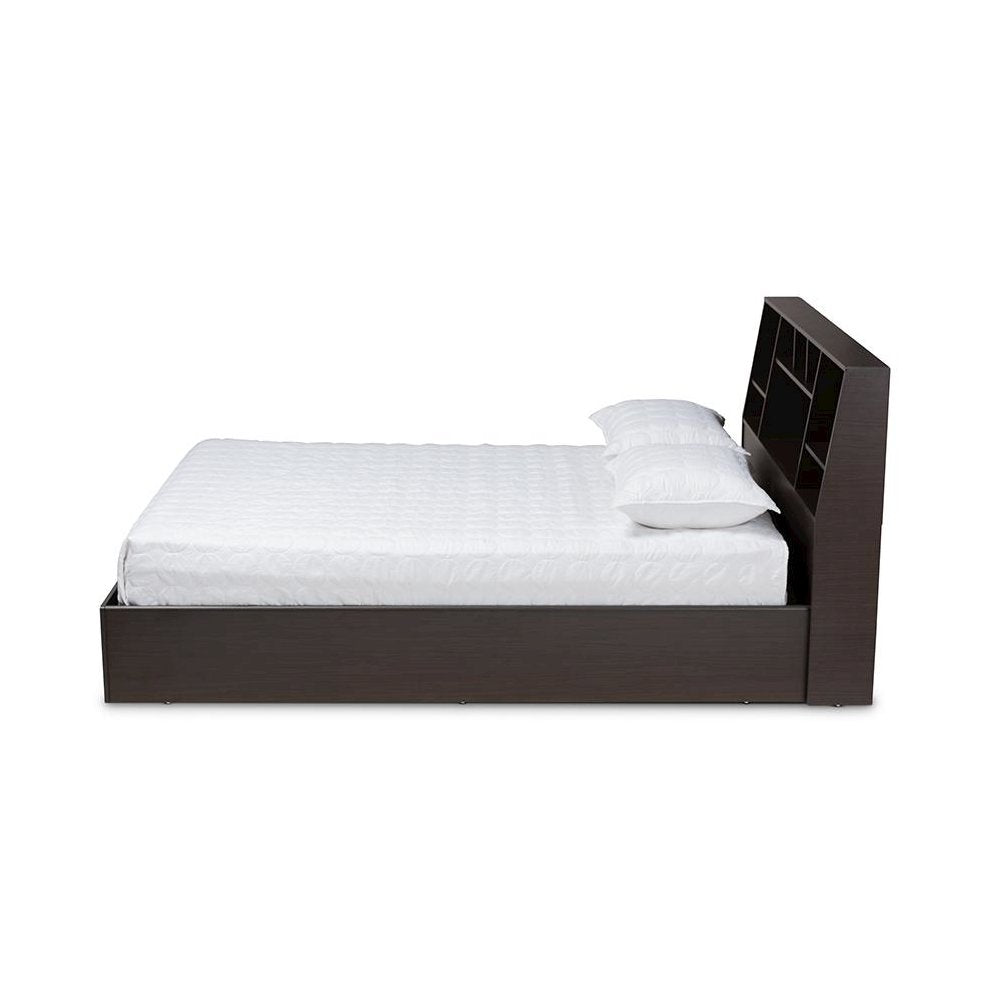 Dark Brown Finished Wood Queen Size Platform Storage Bed with Shelves