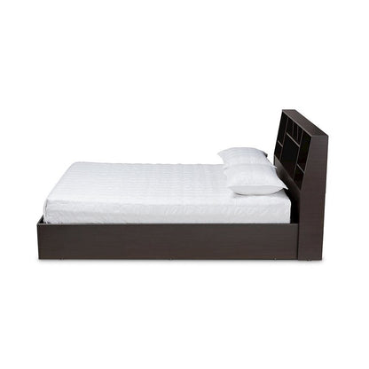Dark Brown Finished Wood Queen Size Platform Storage Bed with Shelves
