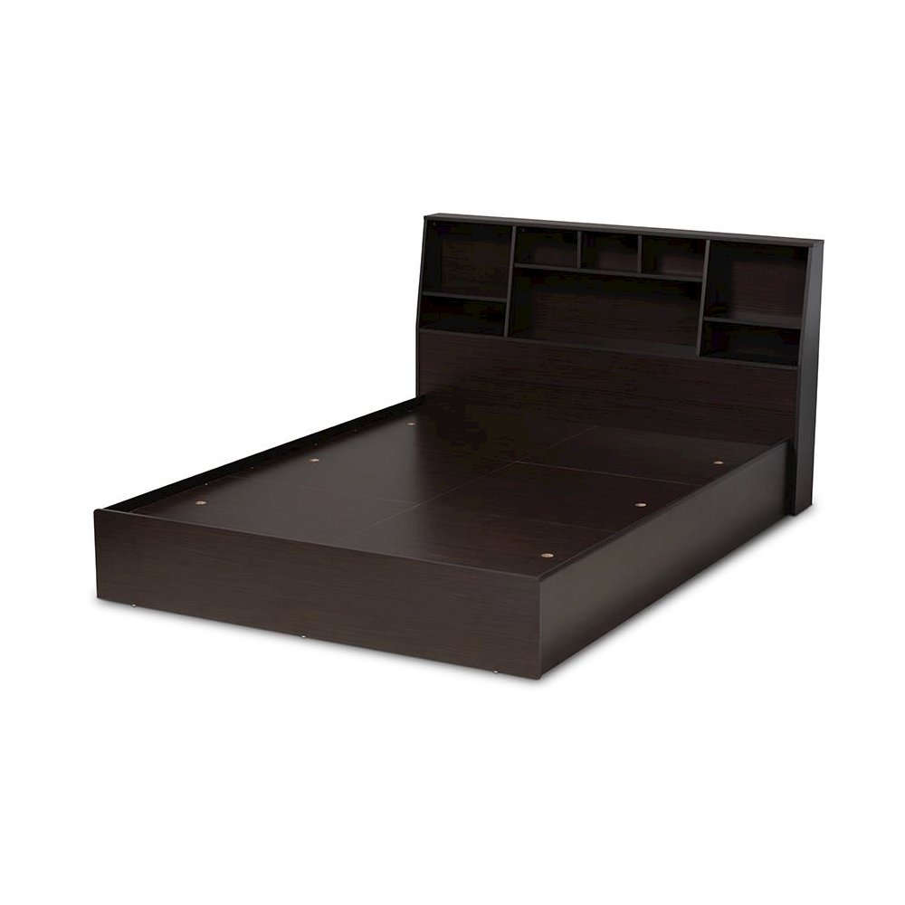 Dark Brown Finished Wood Queen Size Platform Storage Bed with Shelves