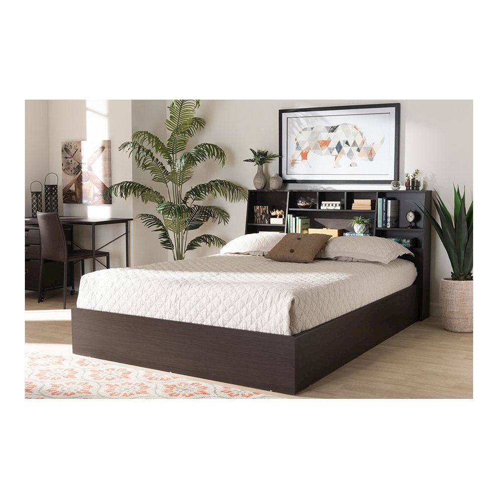 Dark Brown Finished Wood Queen Size Platform Storage Bed with Shelves