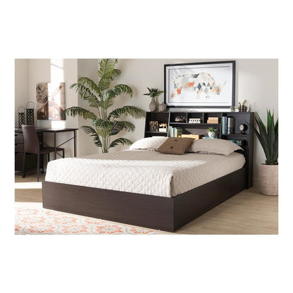 Dark Brown Finished Wood Queen Size Platform Storage Bed with Shelves