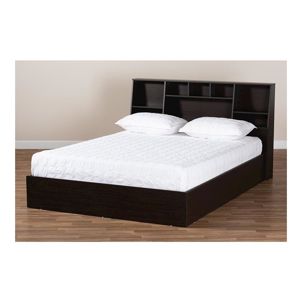 Dark Brown Finished Wood Queen Size Platform Storage Bed with Shelves