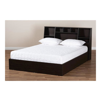 Dark Brown Finished Wood Queen Size Platform Storage Bed with Shelves
