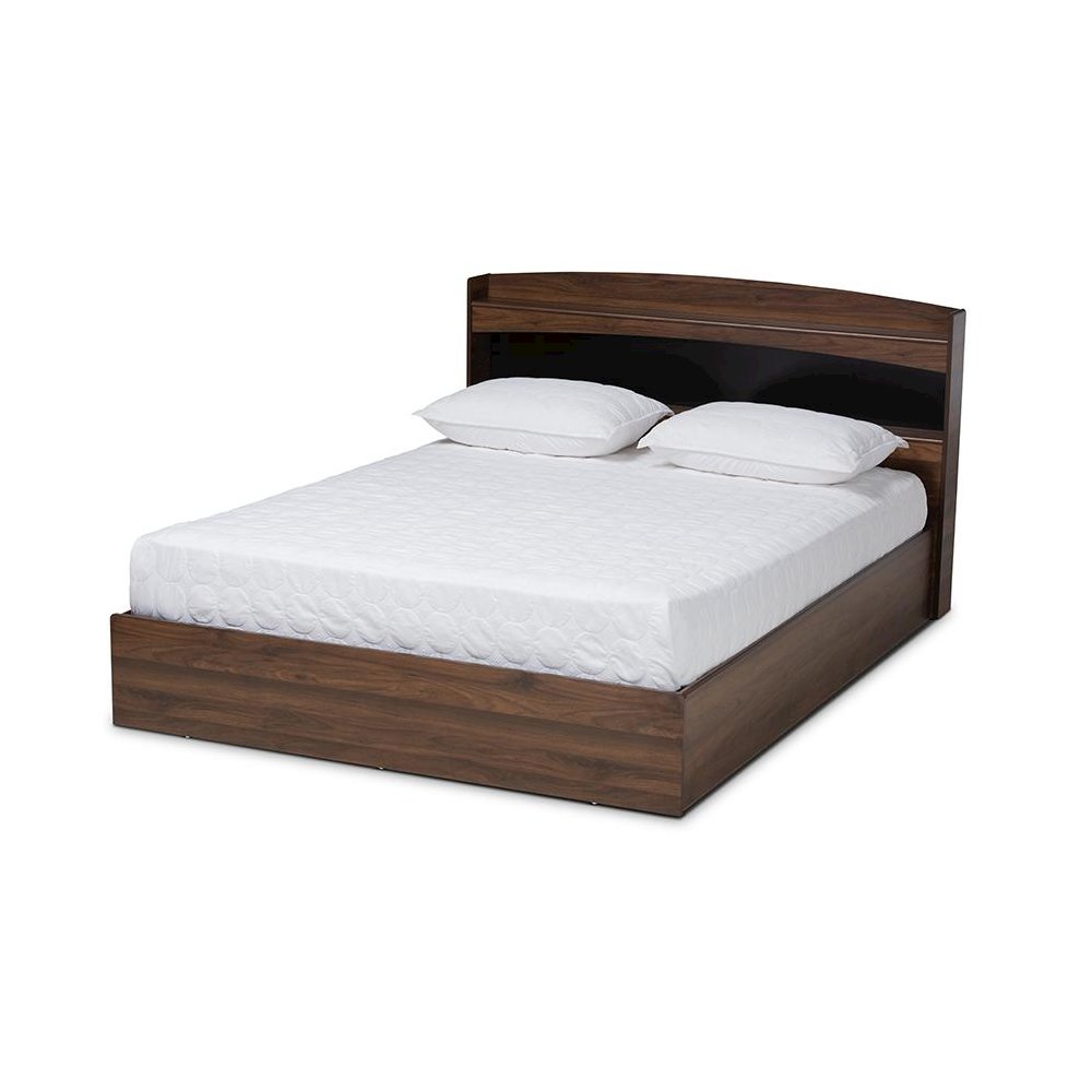 Rustic Walnut Brown Finished Wood Queen Size Platform Bed with Shelves