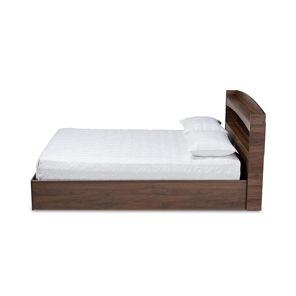 Rustic Walnut Brown Finished Wood Queen Size Platform Bed with Shelves