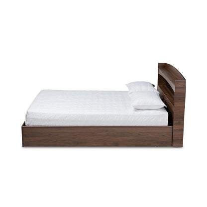 Rustic Walnut Brown Finished Wood Queen Size Platform Bed with Shelves