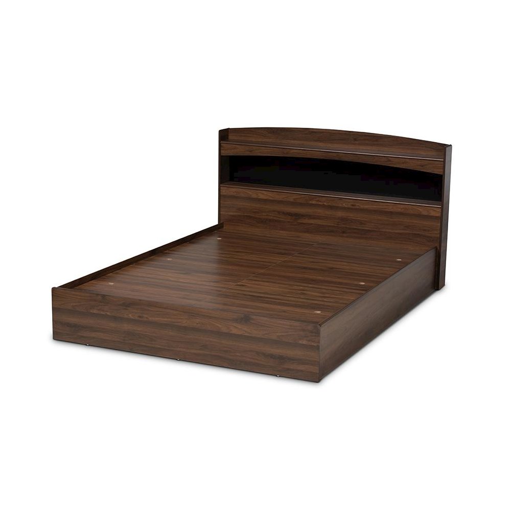 Rustic Walnut Brown Finished Wood Queen Size Platform Bed with Shelves