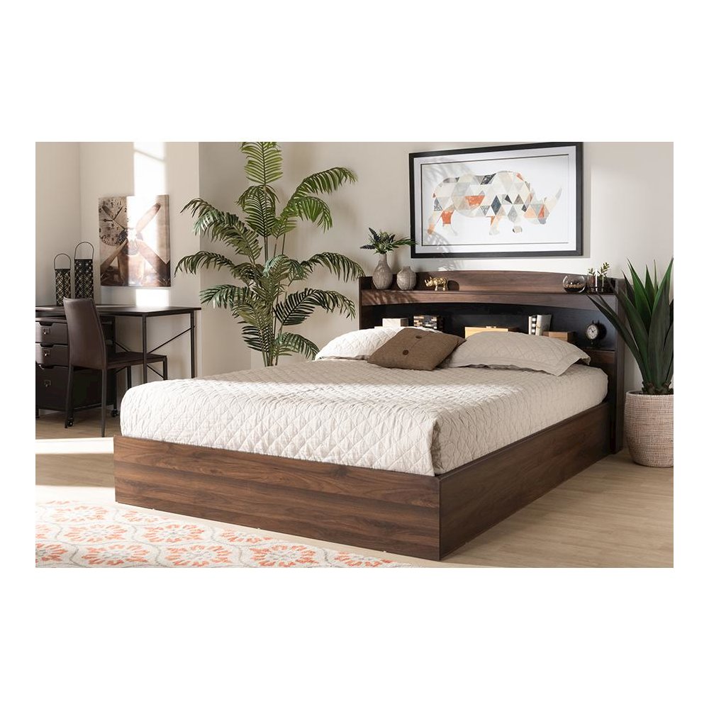 Rustic Walnut Brown Finished Wood Queen Size Platform Bed with Shelves