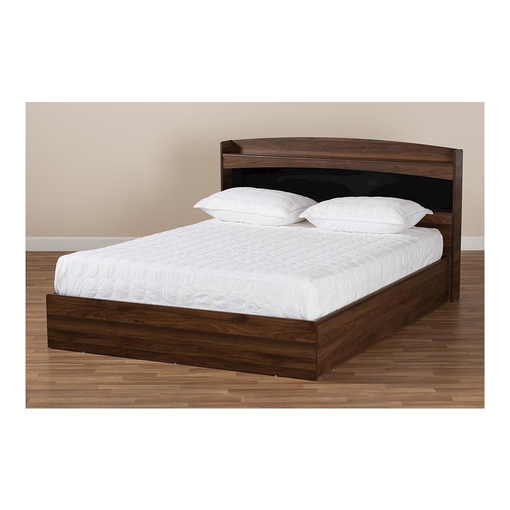 Rustic Walnut Brown Finished Wood Queen Size Platform Bed with Shelves