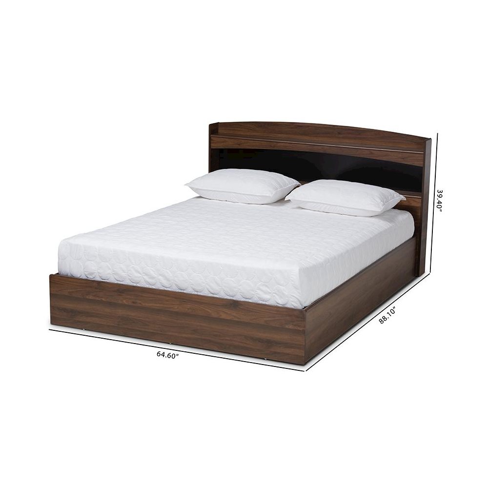 Rustic Walnut Brown Finished Wood Queen Size Platform Bed with Shelves
