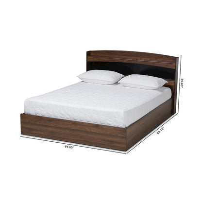 Rustic Walnut Brown Finished Wood Queen Size Platform Bed with Shelves