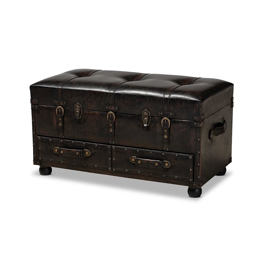 Leather Upholstered 2-Drawer Storage Trunk Ottoman