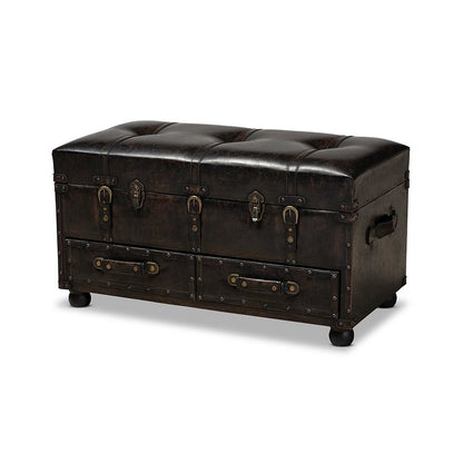 Leather Upholstered 2-Drawer Storage Trunk Ottoman
