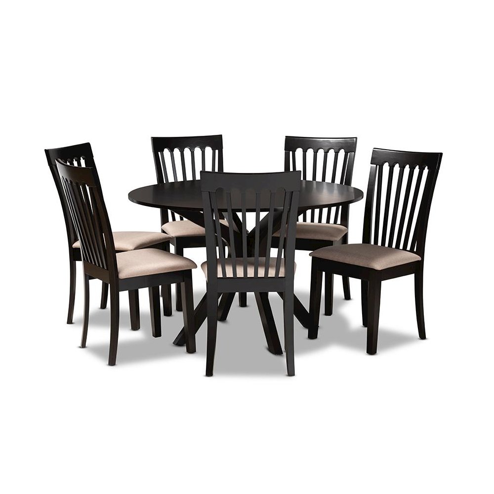 Sand Fabric Upholstered and Dark Brown Finished Wood 7-Piece Dining Set