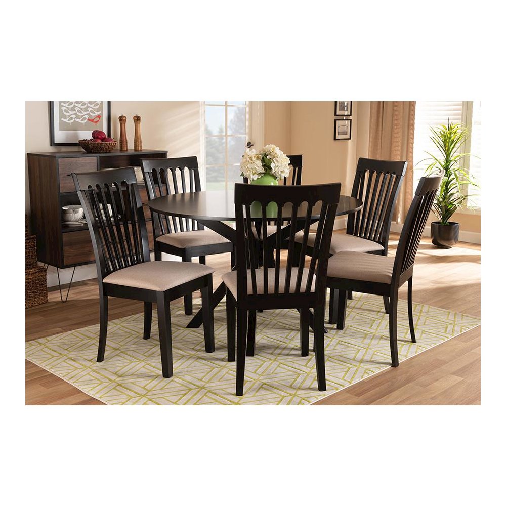 Sand Fabric Upholstered and Dark Brown Finished Wood 7-Piece Dining Set