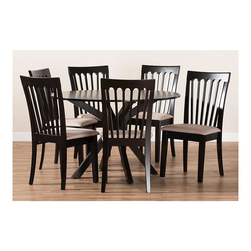 Sand Fabric Upholstered and Dark Brown Finished Wood 7-Piece Dining Set