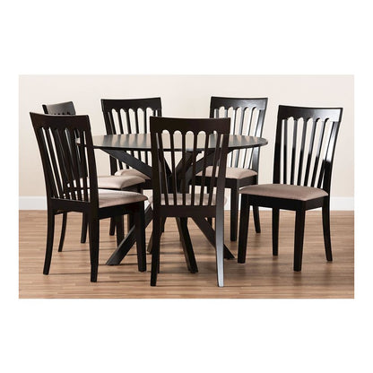 Sand Fabric Upholstered and Dark Brown Finished Wood 7-Piece Dining Set