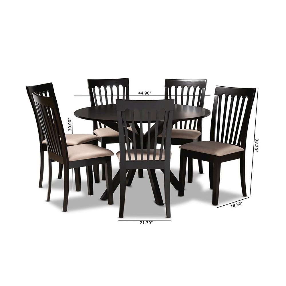 Sand Fabric Upholstered and Dark Brown Finished Wood 7-Piece Dining Set