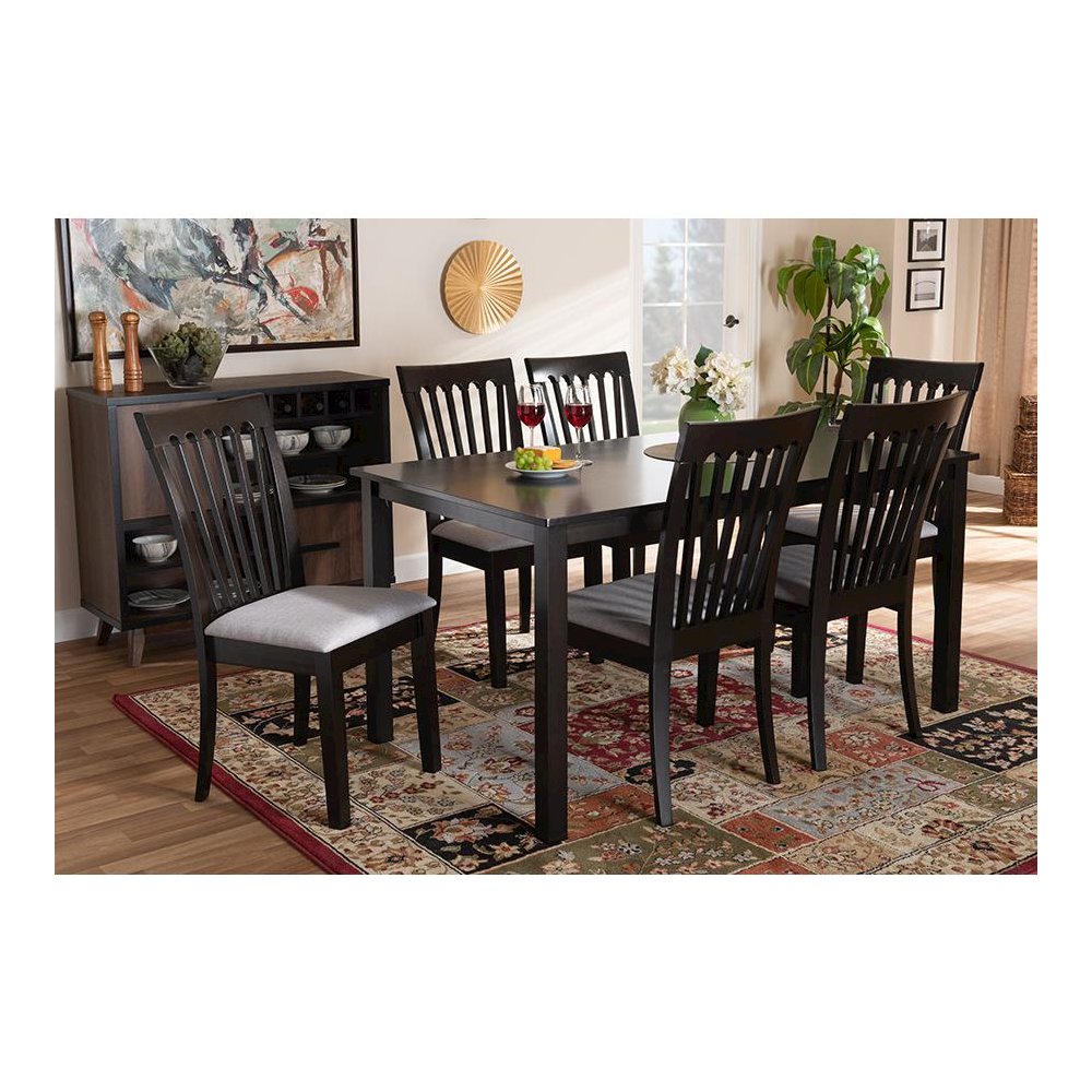 Gray Fabric Upholstered and Espresso Brown Finished Wood 7-Piece Dining Set