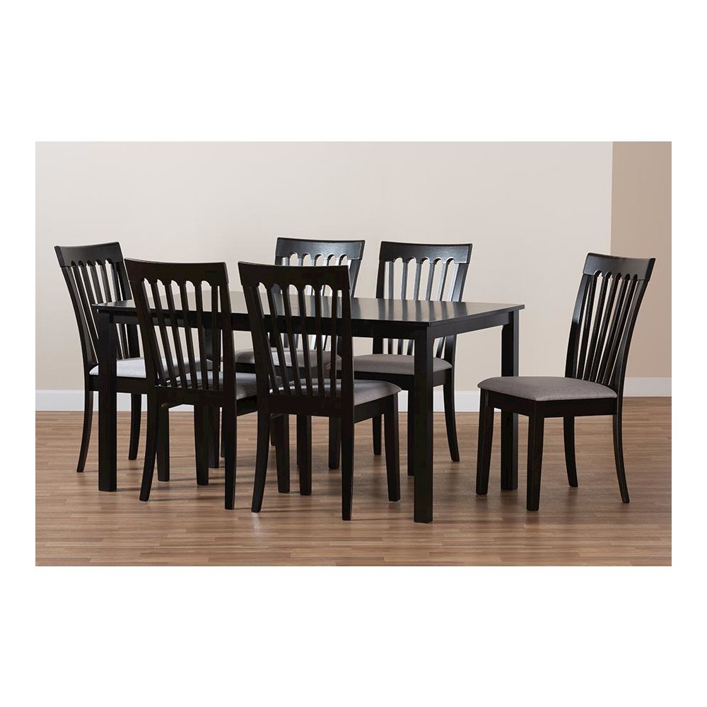 Gray Fabric Upholstered and Espresso Brown Finished Wood 7-Piece Dining Set
