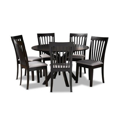 Grey Fabric Upholstered and Dark Brown Finished Wood 7-Piece Dining Set