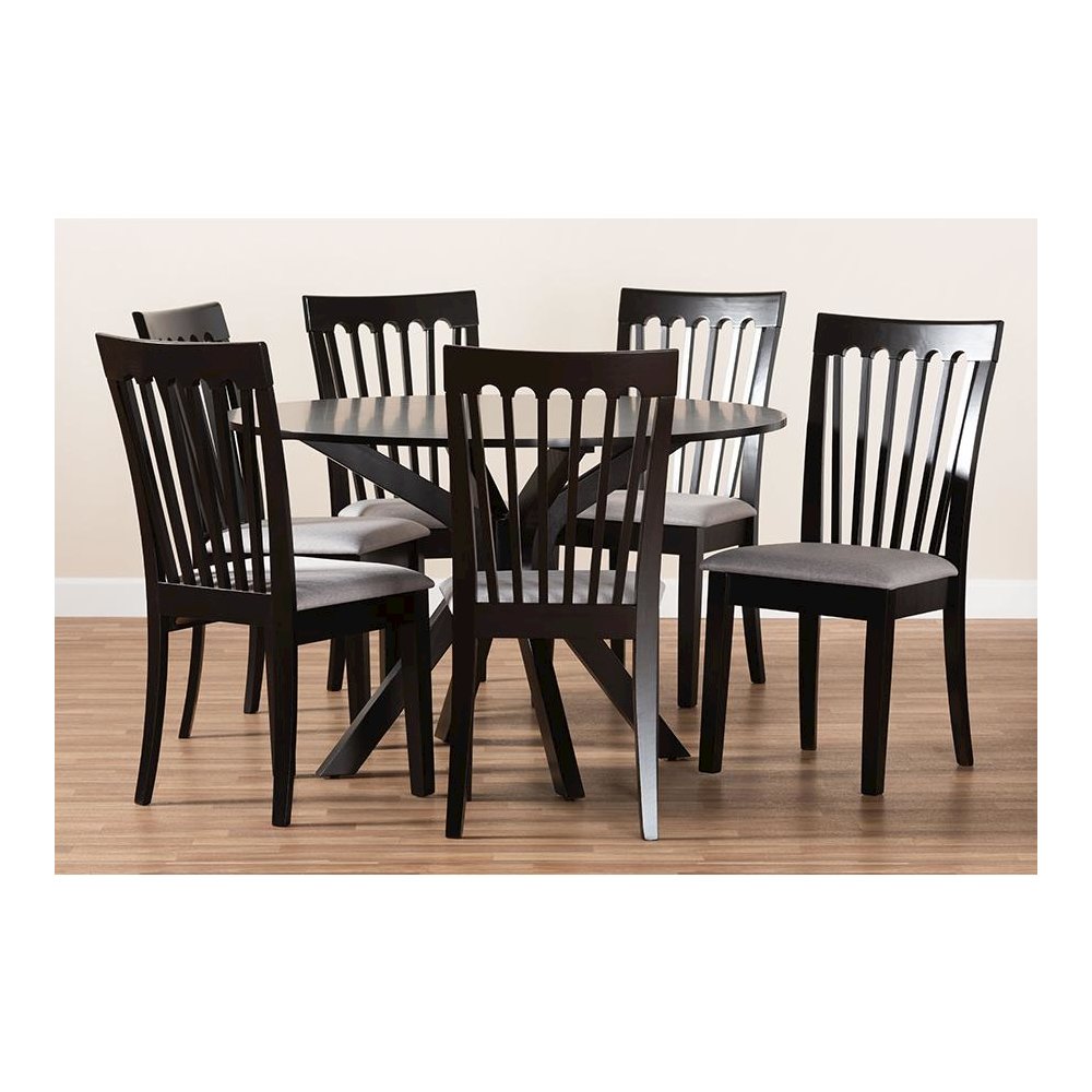 Grey Fabric Upholstered and Dark Brown Finished Wood 7-Piece Dining Set