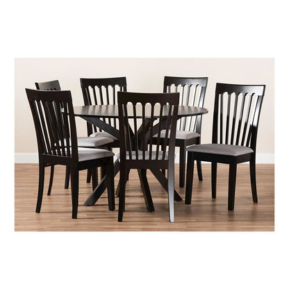 Grey Fabric Upholstered and Dark Brown Finished Wood 7-Piece Dining Set