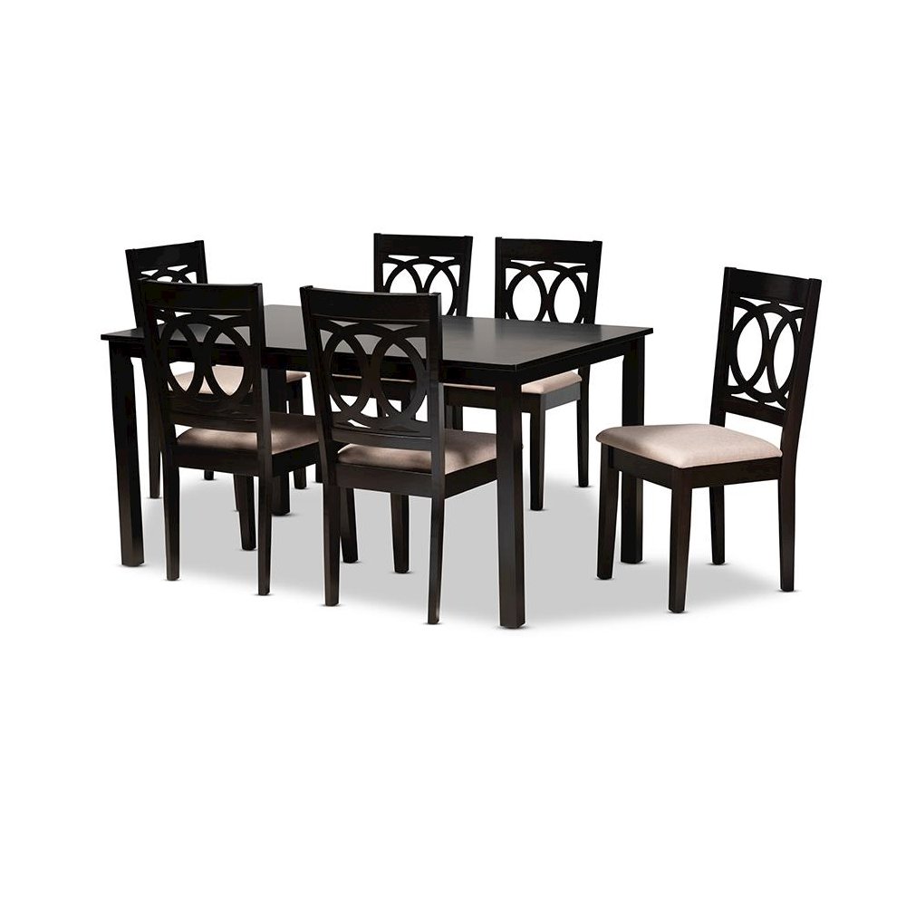 Sand Fabric Upholstered Espresso Brown Finished Wood 7-Piece Dining Set