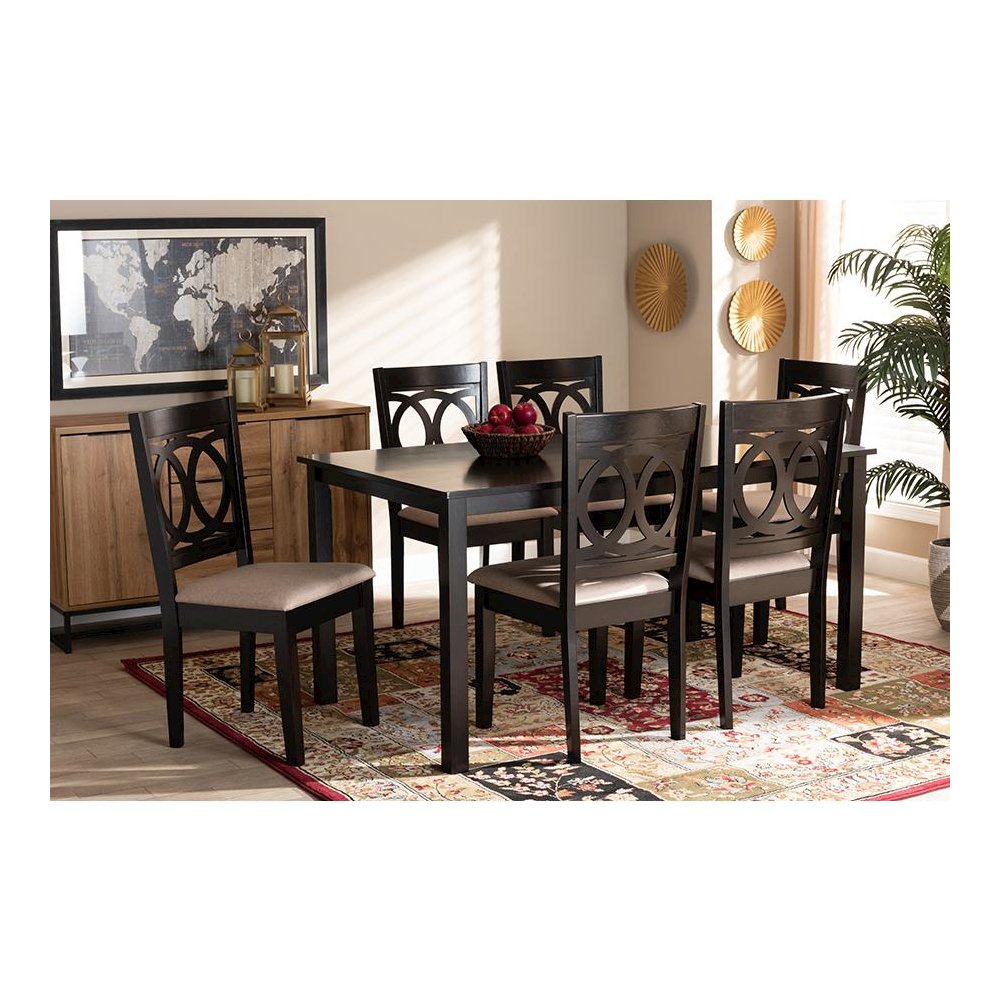 Sand Fabric Upholstered Espresso Brown Finished Wood 7-Piece Dining Set