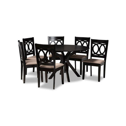 Sand Fabric Upholstered and Dark Brown Finished Wood 7-Piece Dining Set