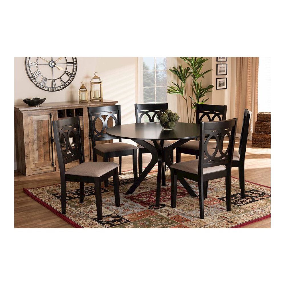 Sand Fabric Upholstered and Dark Brown Finished Wood 7-Piece Dining Set