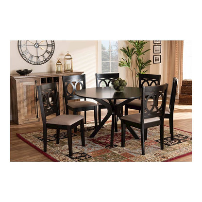 Sand Fabric Upholstered and Dark Brown Finished Wood 7-Piece Dining Set