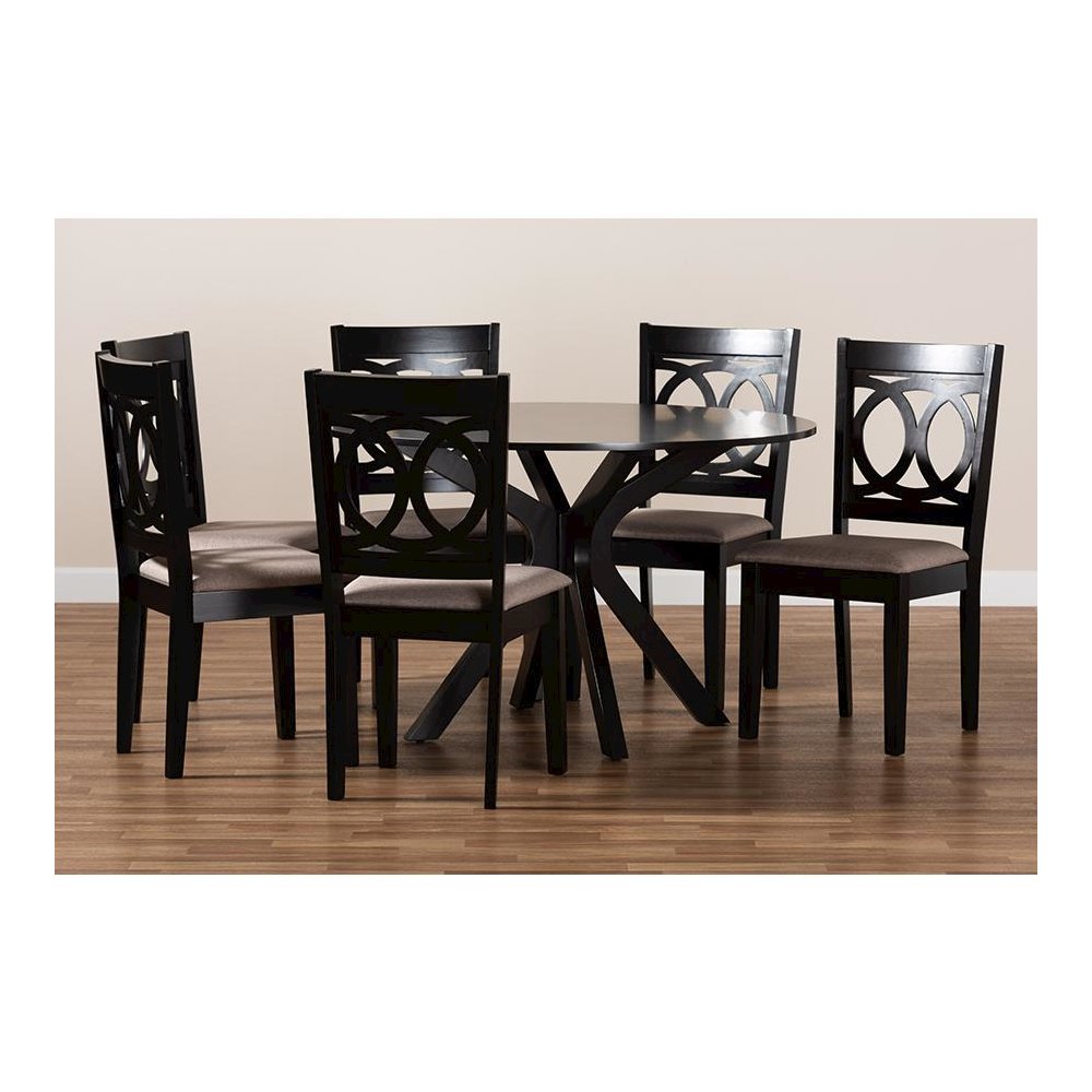 Sand Fabric Upholstered and Dark Brown Finished Wood 7-Piece Dining Set