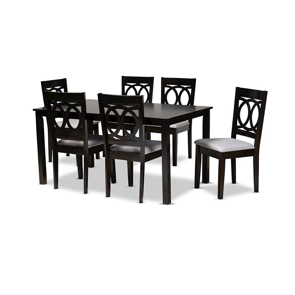 Grey Fabric Upholstered Espresso Brown Finished Wood 7-Piece Dining Set