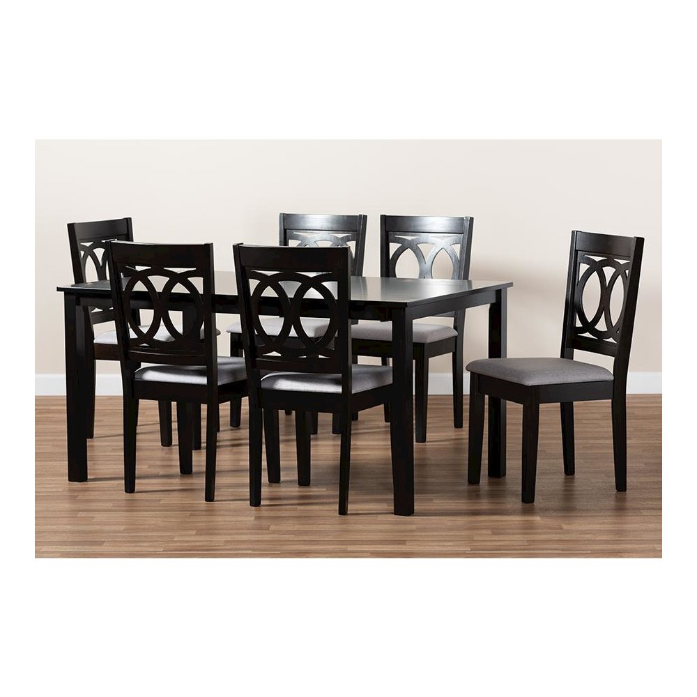 Grey Fabric Upholstered Espresso Brown Finished Wood 7-Piece Dining Set