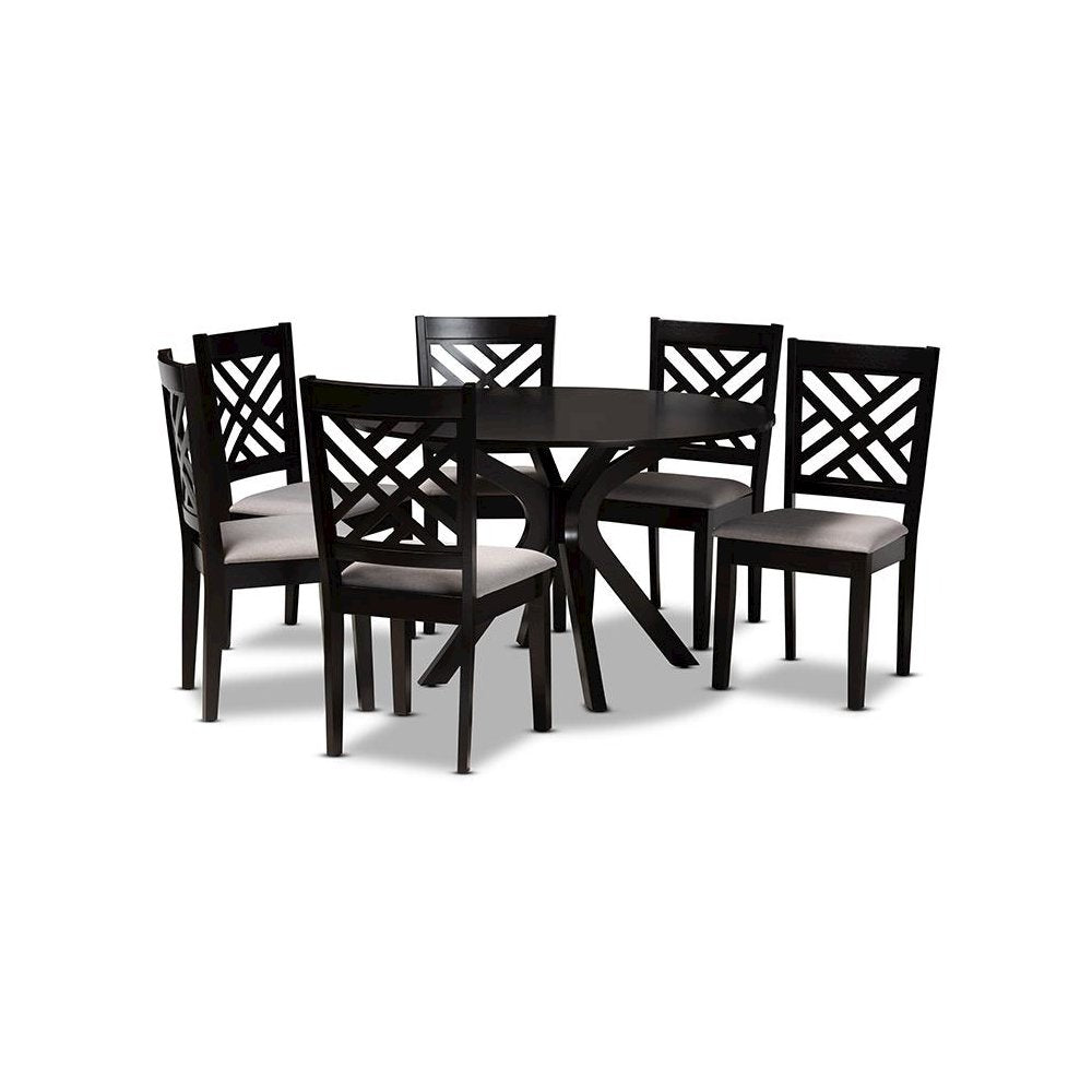 Grey Fabric Upholstered and Dark Brown Finished Wood 7-Piece Dining Set