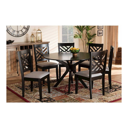 Grey Fabric Upholstered and Dark Brown Finished Wood 7-Piece Dining Set